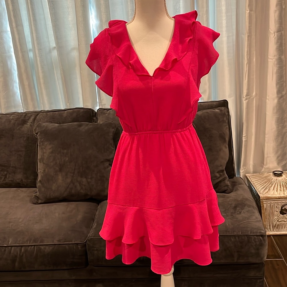 BCBG hot pink summer dress. Sleeveless with ruffles and lining. Sz S